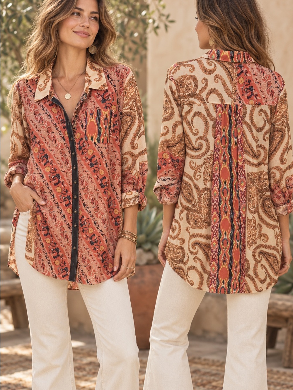 Soft Surroundings Mixed Paisley & Ikat Button-Down (090689) ☀️ 🌼